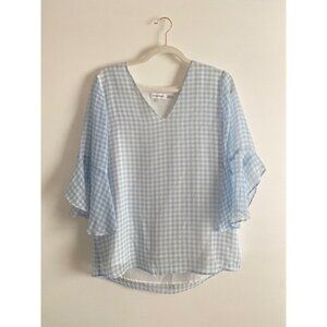 Calvin Klein Blue & White Gingham Ruffle Sleeve Blouse Size S